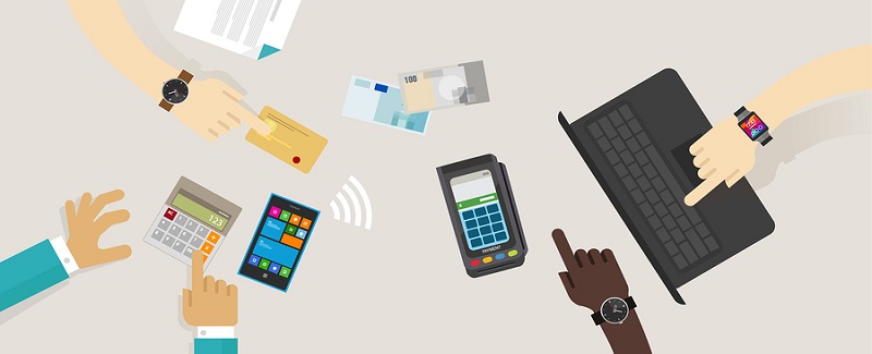 payment option top desk mobile NFC rfid credit card edc electronic data capture online buy transaction vector illustration cash contact less