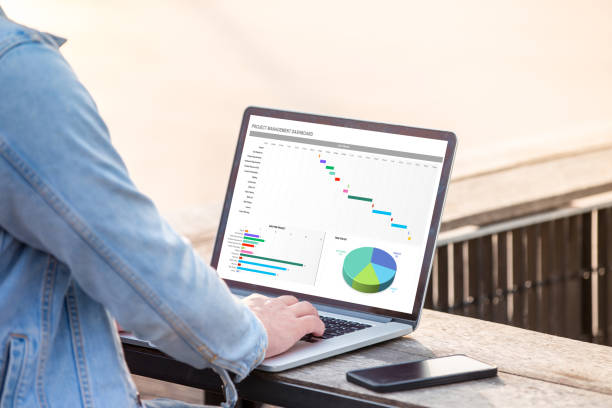 Project management dashboard concept. A man is working using laptop doing project management dashboard on screen.