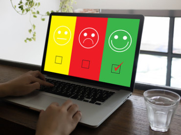 business man and woman select happy on satisfaction evaluation? And good mood smiley